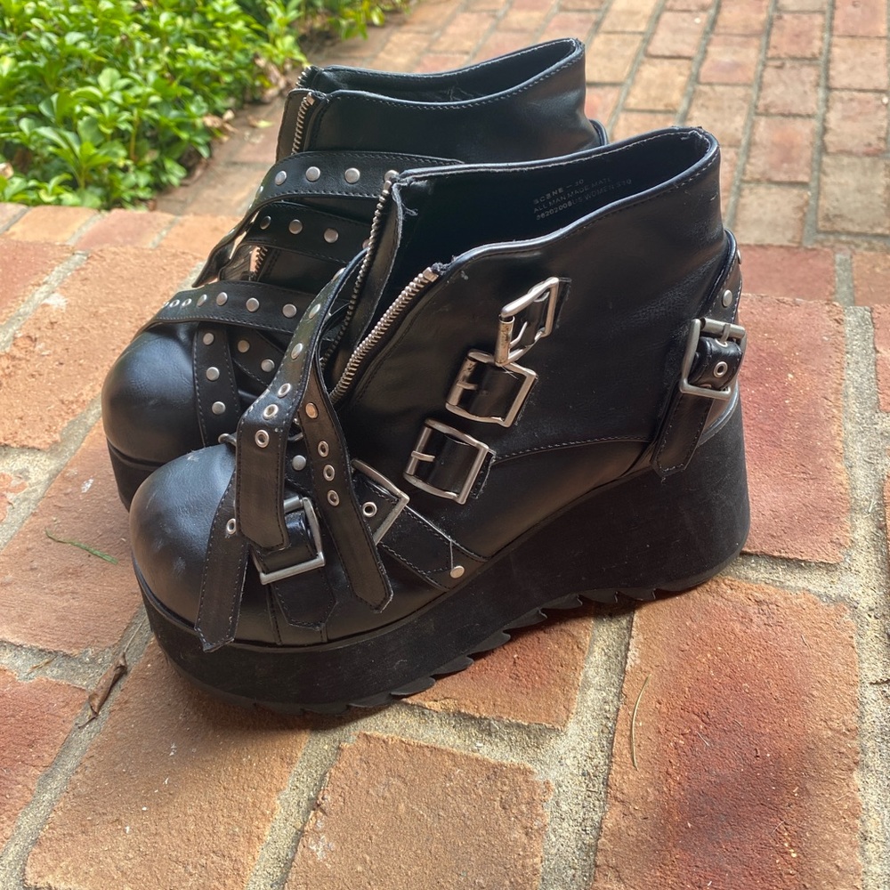 Demonia Black Buckle Lace-Up Platform Boots